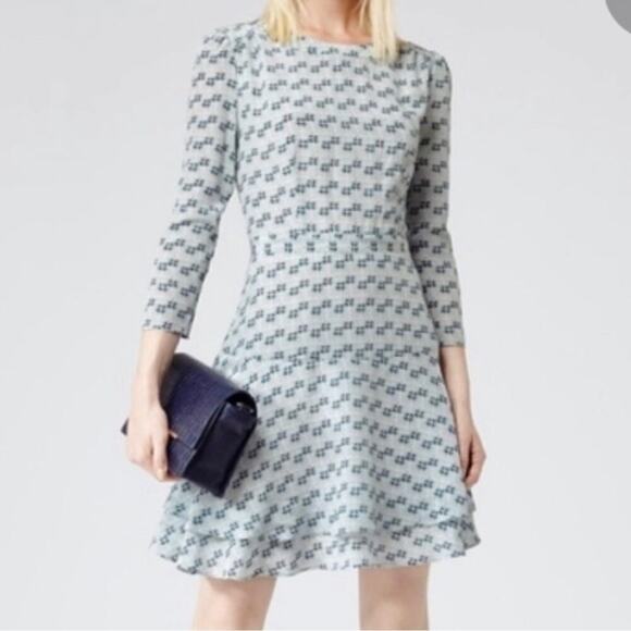 Reiss Giselle Watercolor Three-Quarter
Sleeve Blue Geo Print Silk Dress Size 8 - Picture 3 of 5